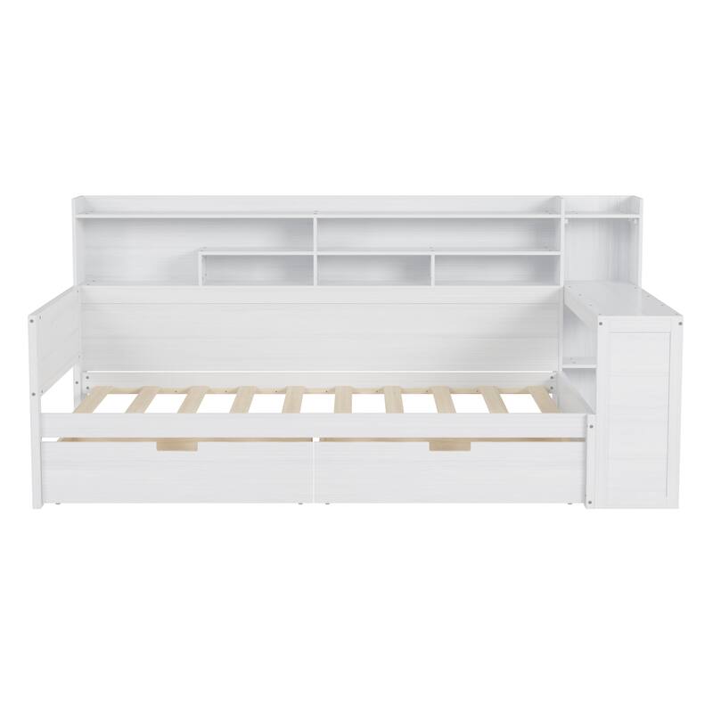 Twin Size Wooden Daybed Platform Bed with Recessed Desk Storage Shelves and 2 Drawers Under Bed for Compact Spaces, Bedroom