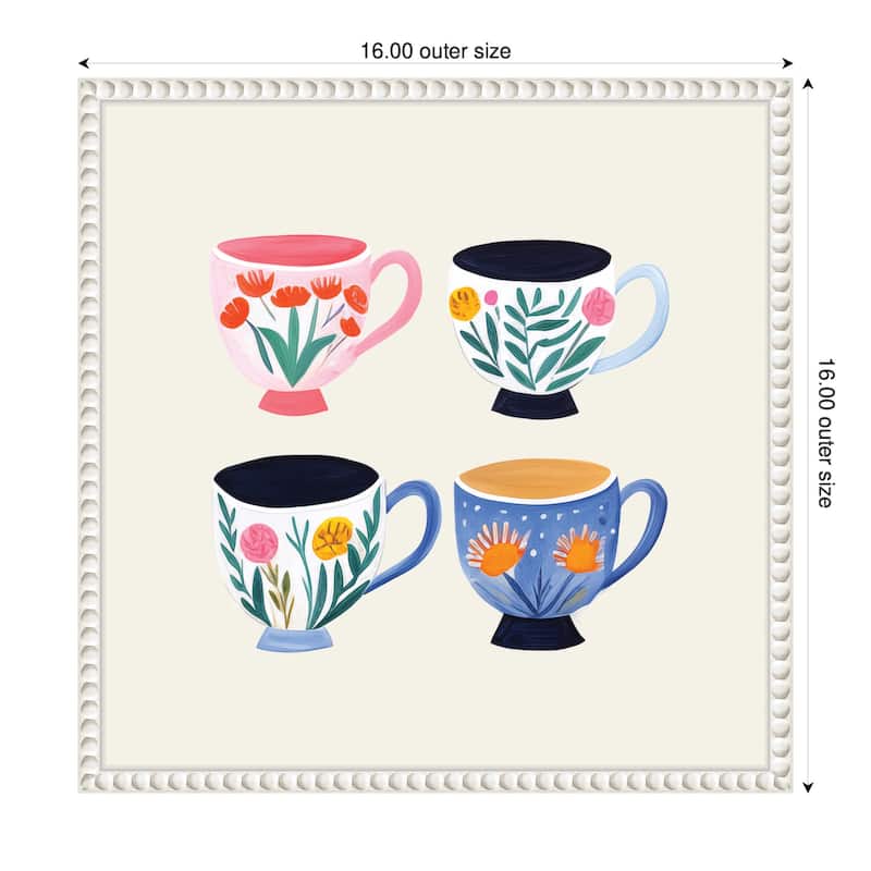 Kate and Laurel Sylvie Botanical Coffee Shop Tea Cups 4 Cups Framed Canvas by The Creative Bunch Studio