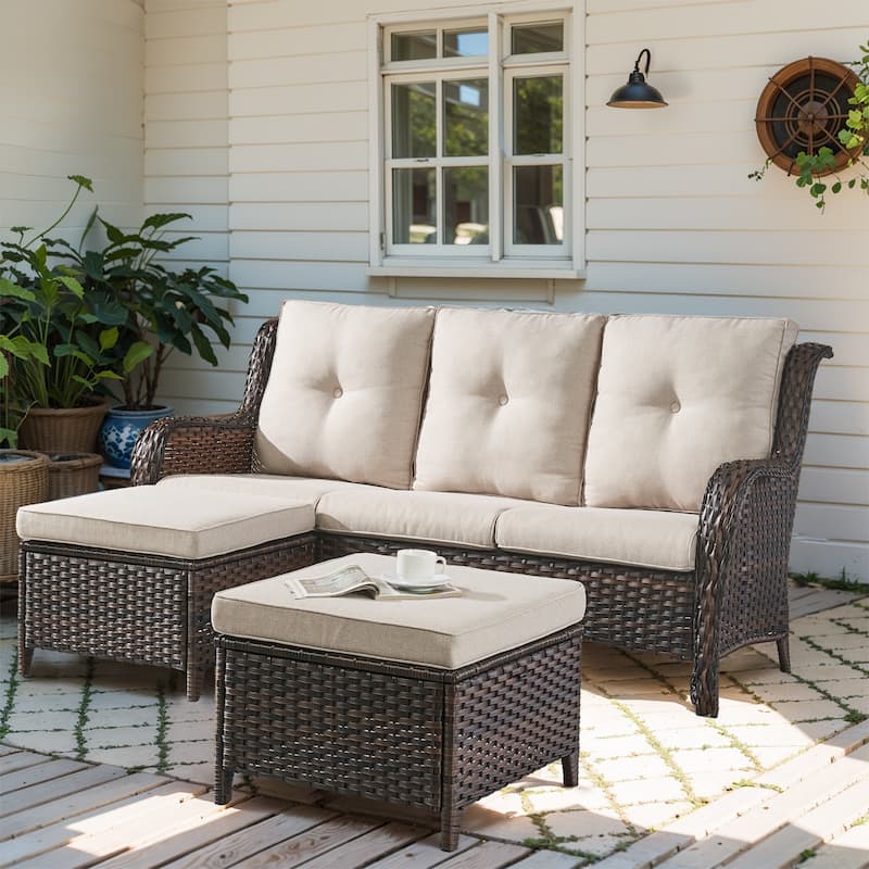 Gymojoy Patio Wicker 3-Seat Sofa with Ottoman - Brown - Beige