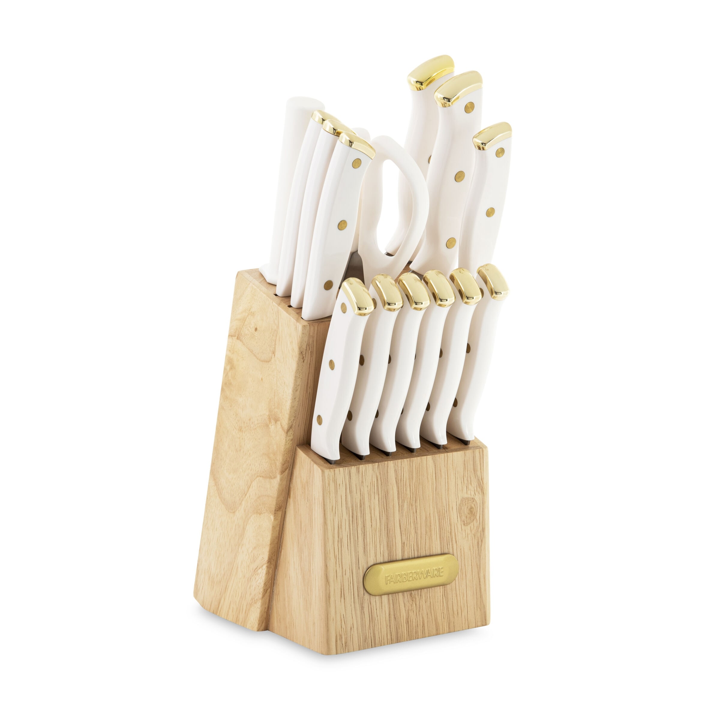 Farberware 15-Piece Triple Riveted Knife Block Set, White and Gold