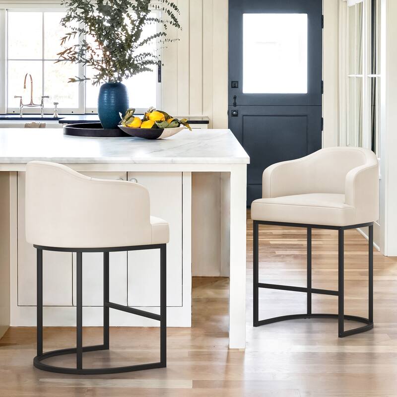 26.in Modern Set of 2 Barstool Fabric/Leather Upholstered Counter Height Stool with Metal Frame for Kitchen Island - Ivory/Faux Leather