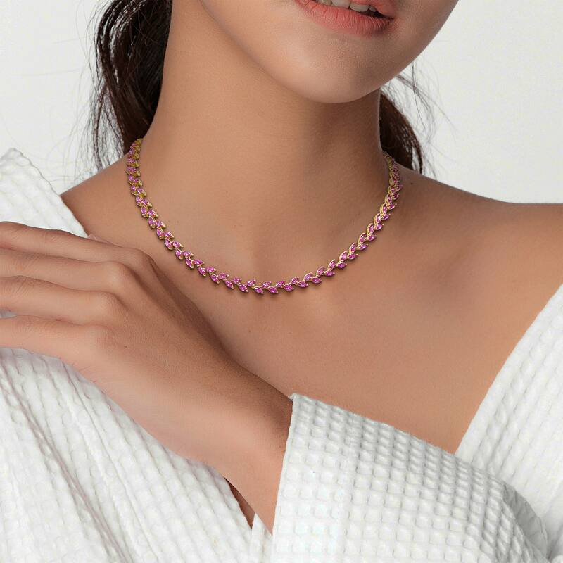 Miadora 29 1/2ct TGW Created Pink Sapphire Leaf Necklace in Yellow Silver-17 in