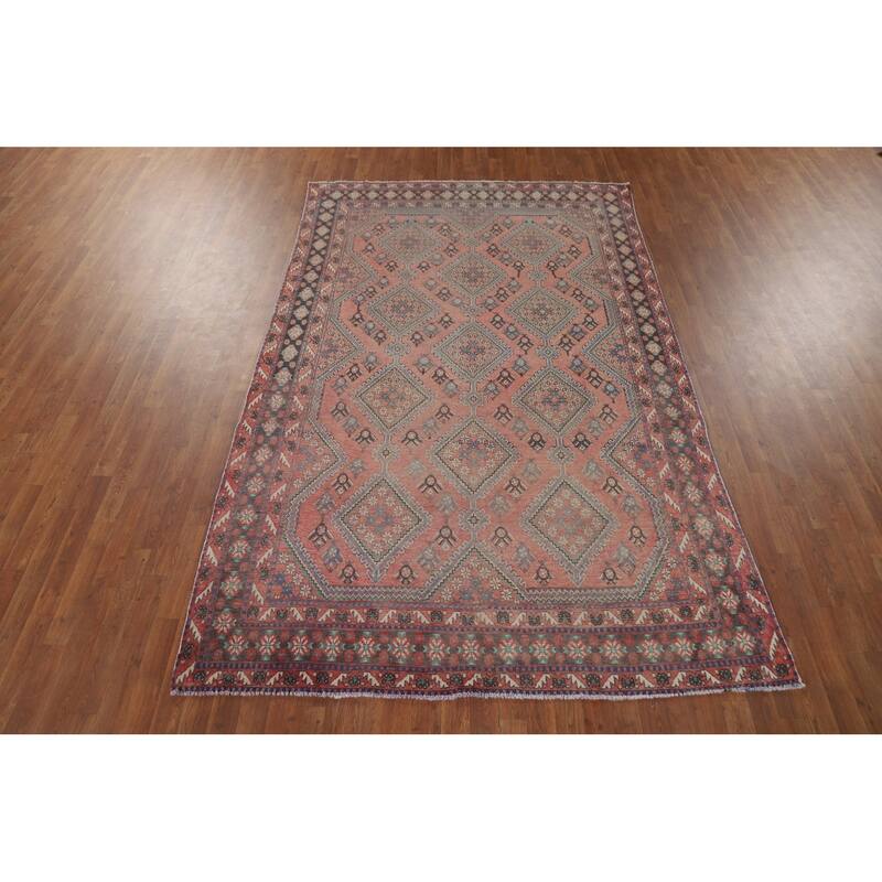 Pink Geometric Joshaghan Vintage Persian Rug Hand-Knotted Wool Carpet - 6'2" x 9'9"