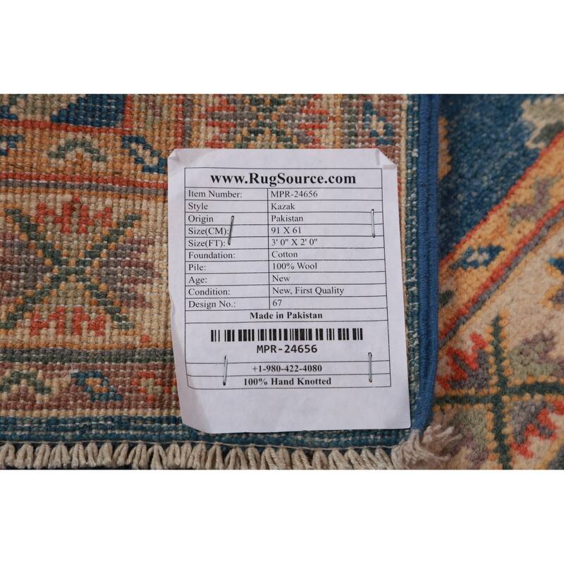 Blue Geometric Kazak Oriental Accent Foyer Rug Handmade Wool Carpet - 2'0"x 3'0"