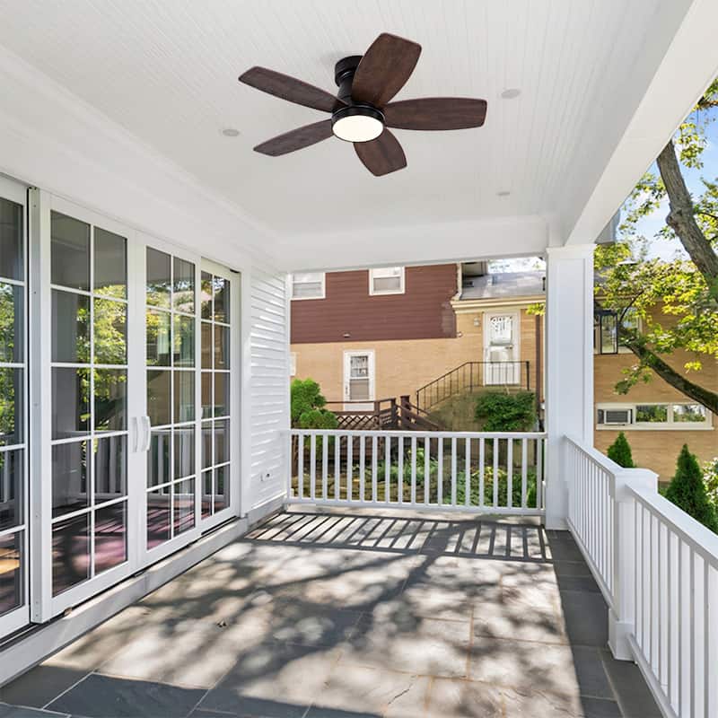 Ceiling Fans with Lights and Remote, 32 Inch Low Profile Ceiling Fan with Light, Flush Mount, Reversible - Black + Dark Walnut