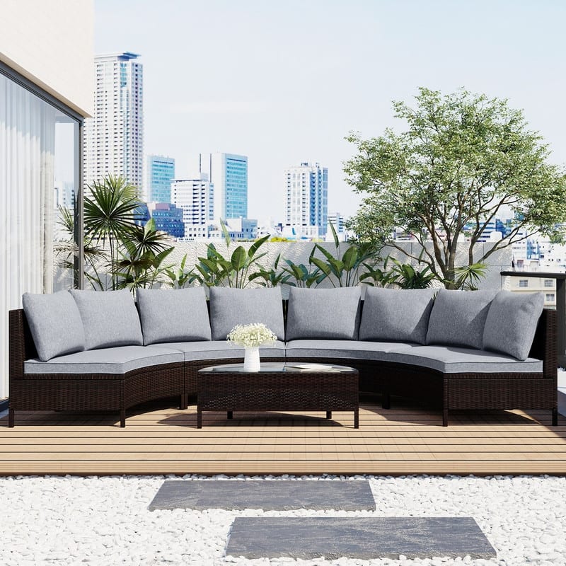 5-Piece All-Weather Brown PE Rattan Sectional Set – Half-Moon Outdoor Sofa with Tempered Glass Table for Patio & Garden