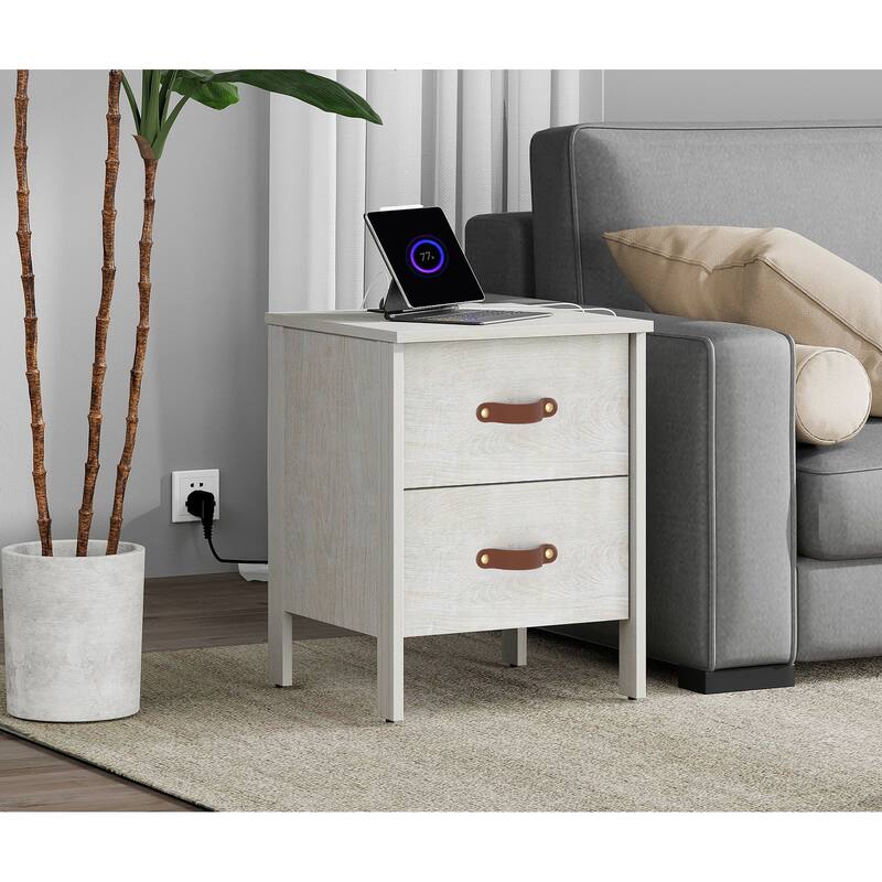 WAMPAT White Nightstand with Charging Station,Bedside Table with 2 Drawer，Set 2