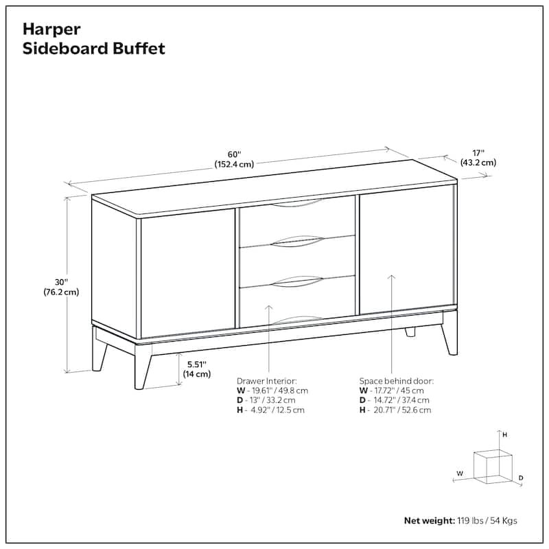 WYNDENHALL Pearson SOLID HARDWOOD 60 inch Wide Mid Century Design Sideboard Buffet - 17"d x 60"w x 30"h