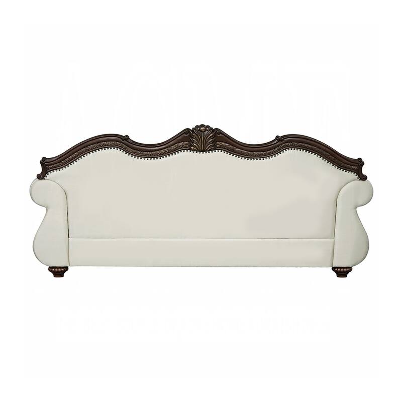 Upholstered Sofa with Button Tufted Back in Beige and Cherry