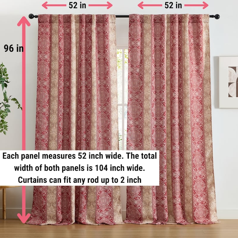 HLC.ME William Boho Damask Striped Window Back Tab Rod Pocket Curtains - Light Blocking Darkening Panels, Set of 2