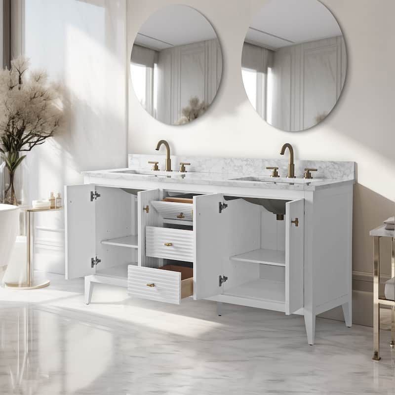 Vanity Art 60" Double Sink Bathroom Vanity Cabinet with Engineered Marble Top