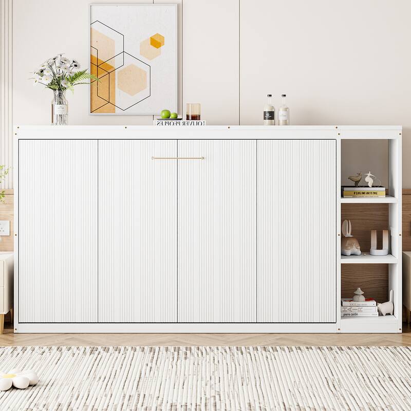 Space-Saving Twin Size Murphy Bed with Bookshelf and Storage, White - White