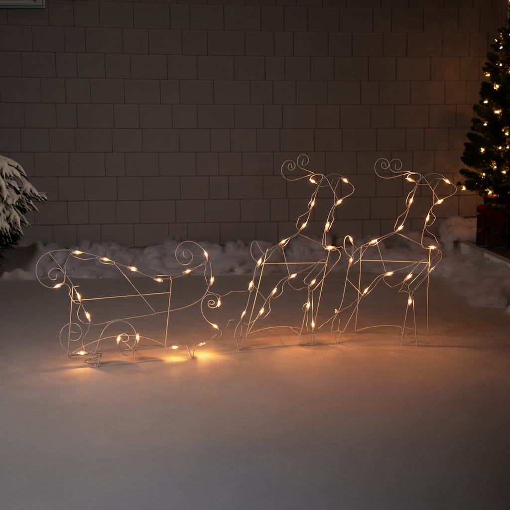 3-Piece Lighted Reindeer and Sleigh Outdoor Christmas Decoration Set - White