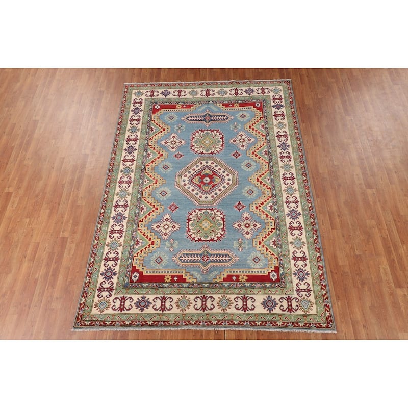 Blue Kazak Rug Hand-Knotted Traditional Oriental Wool Carpet - 6'9" x 9'8"