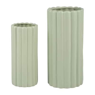 Sagebrook Home Ceramic Set Of 2 10/13"H Ribbed Vases, Cucumber , Cylinder, Ceramic, Contemporary, 13"H, Ribbed