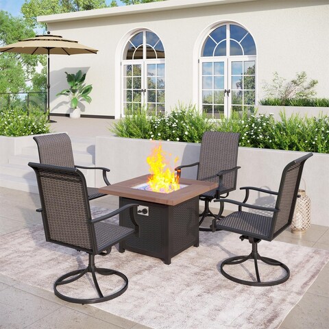 Sophia & William Outdoor Patio 5-piece Dining Set, 50,000 BTU Steel Gas Fire Pit Table and 4 PE Rattan Swivel Chairs
