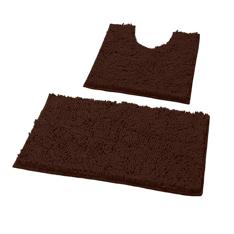 2 Piece Set Brown Soft Cozy Plush Chenille Bath Mat Bathroom Rug