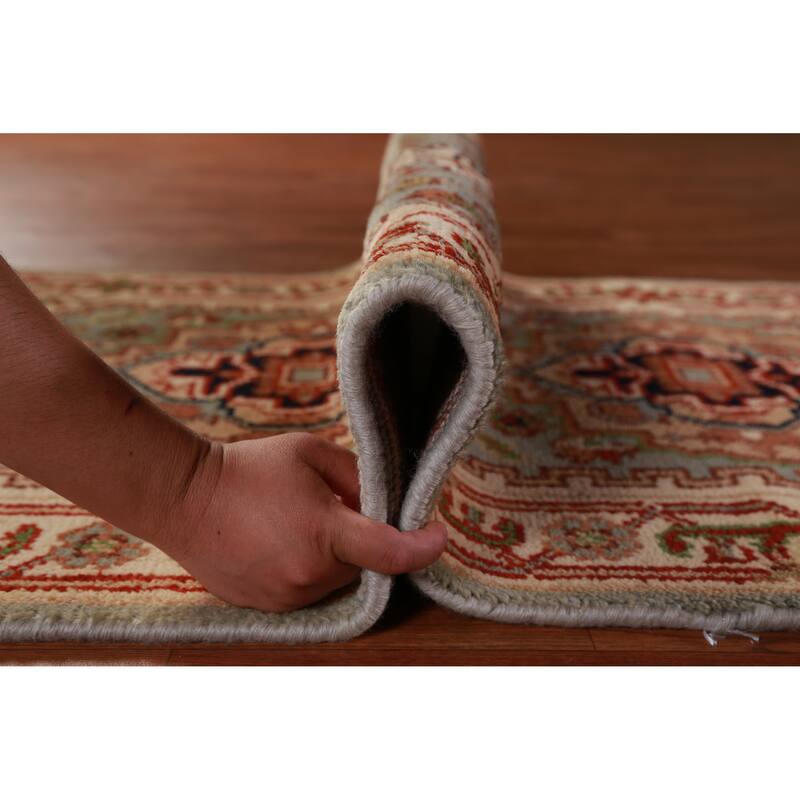 Hand Knotted Oriental 100% Wool Carpet Traditional Geometric Green Heriz (serapi) Runner Rug - 8' 0'' X 2' 6''