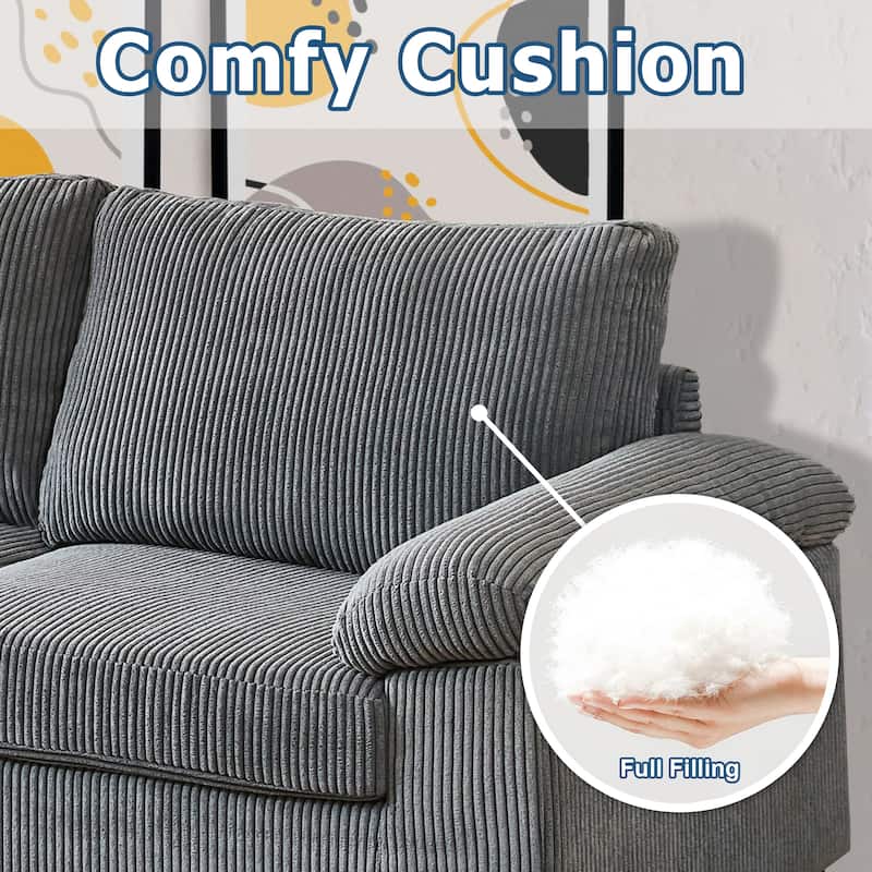 HOOOWOOO Living Room Wide Armrest Corduroy Fabric Chaise Reversible Sofa with Ottoman