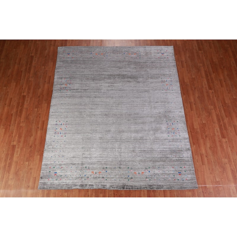 Hand Knotted Oriental Viscose Silk Carpet Tribal Stripe Greys & Charcoal Gabbeh Area Rug - 9' 9'' X 8' 0''