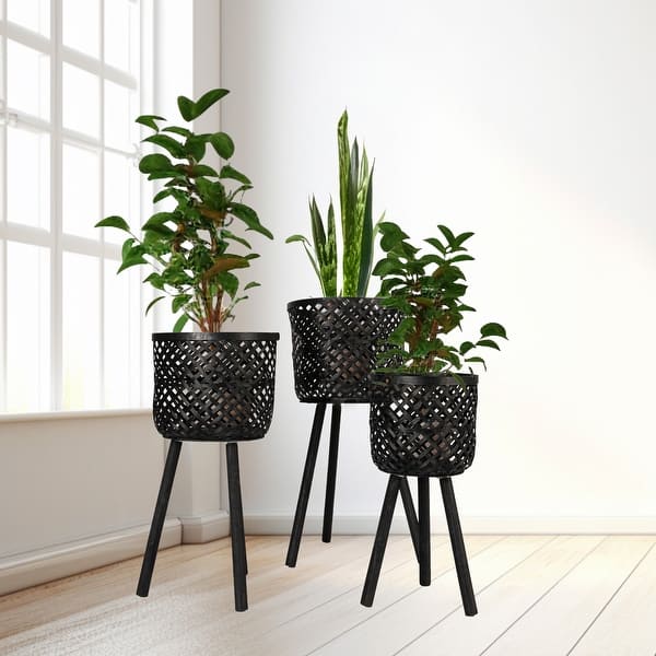 slide 2 of 8, Woven Bamboo Floor Baskets with Wood Legs (Set of 3 Sizes) Black