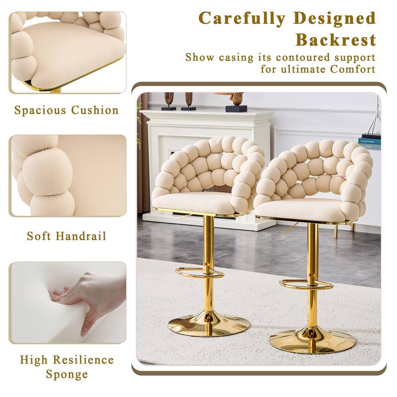 Counter Height Bar Stools Set of 2, Velvet Upholstered Swivel Bar Stools, Tufted Adjustable Dining Chairs with Footrest