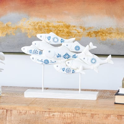 White Polystone Fish Decorative Sculpture with Blue Floral Patterns and Stand