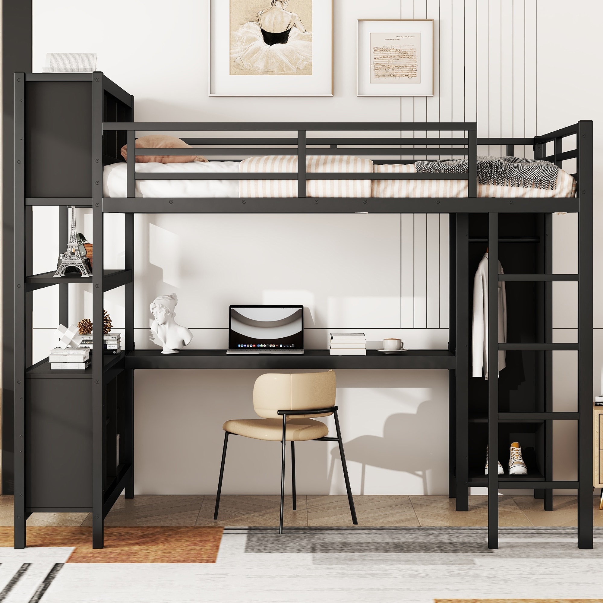 Full-Size Loft Bed with Wardrobe, L-Shaped Desk, Storage Cubes, and Shelves - Heavy-Duty Metal Frame.
