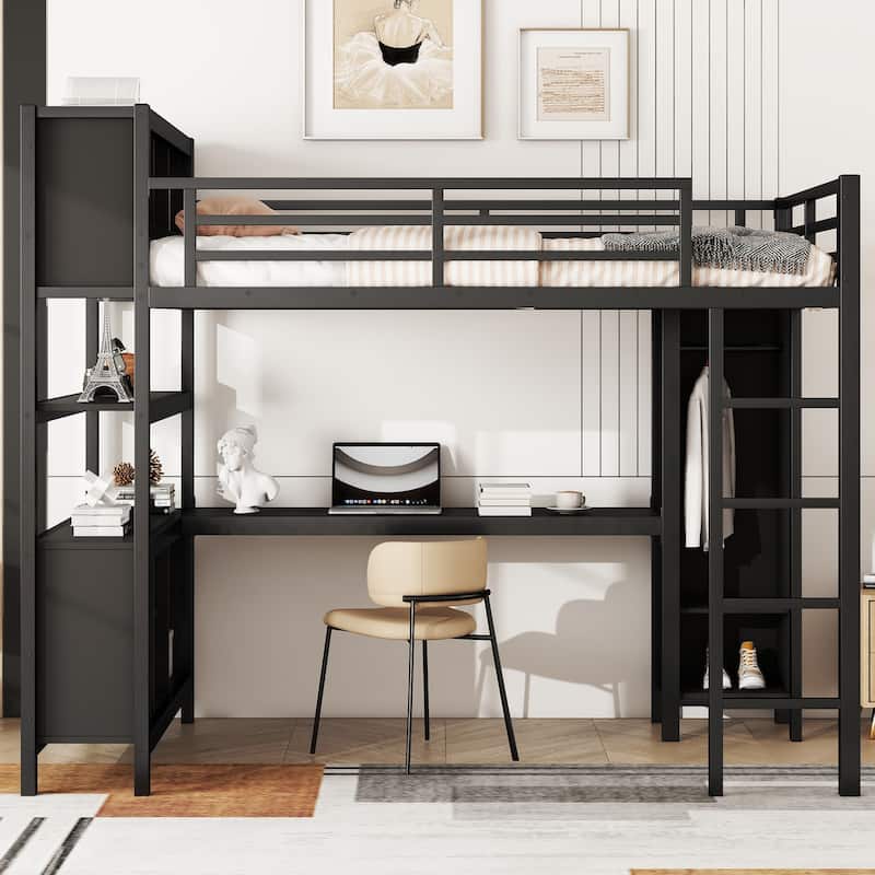 Heavy Duty Metal Loft Bed with Wardrobe and L Shaped Desk, Full/Queen Size High Loftbed Frame with Storage Cubes and Shelves - Black - Full