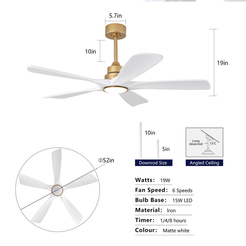 52 Inch Indoor Ceiling Fans With Lights and Remote Control, Dimmable LED, 5 Solid Wood Blades,Reversible DC Motor