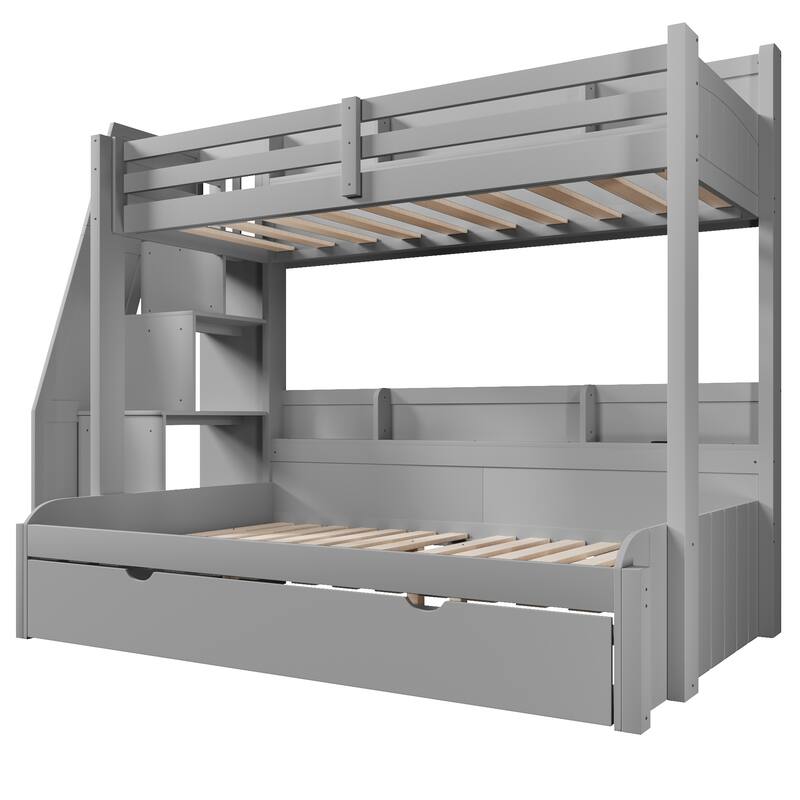 Roomfitters Twin Over Full Bunk Bed with Storage Staircase, Trundle, LED and USB