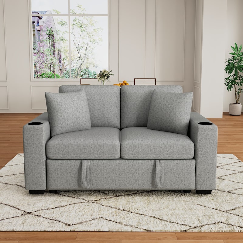 Convertible Sectional Sofa with Pull-out Sofa Bed and Dual Cup Holders