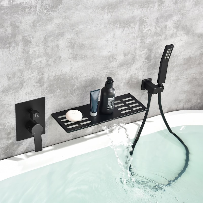 Wall Mount Bathtub Faucet With Handheld Shower Waterfall Tub Faucet Single Handle Tub Filler Set Complete With Rough-In Valve - Matte Black