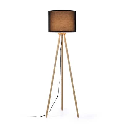 61 in. Traditional Tripod Floor Lamp with Rubberwood Base and Linen Drum Shade for Bedroom, Living Room, Dining Room