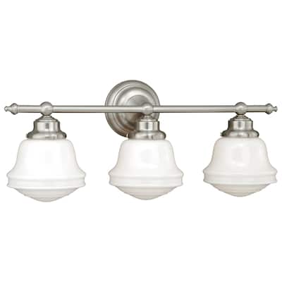 Huntley 3 Light Satin Nickel Farmhouse Schoolhouse Bathroom Vanity Fixture - 24-in W x 10-in H x 7-in D