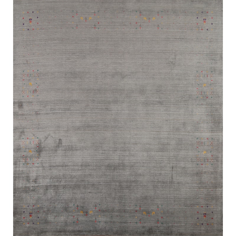 Striped Gabbeh Square Area Rug Handmade Gray Wool Carpet - 9'0"x 8'7"