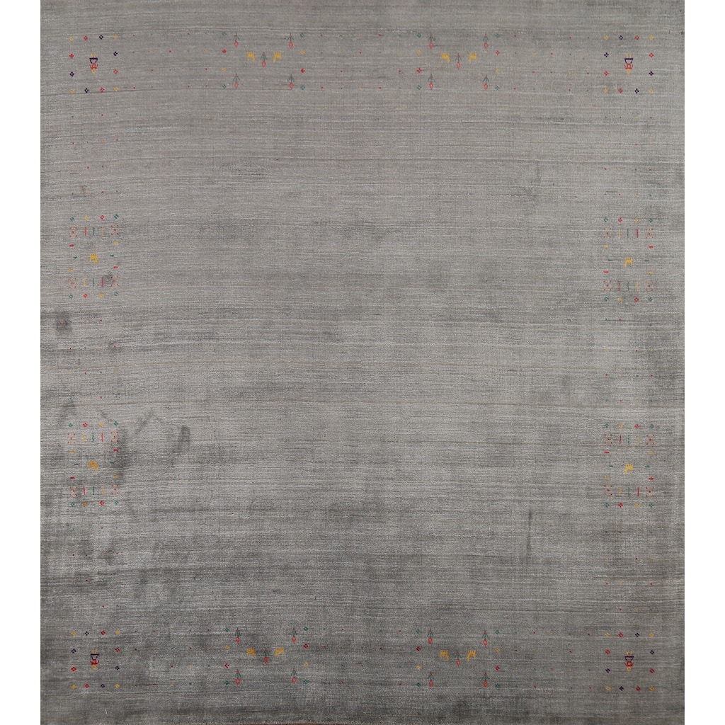 Striped Gabbeh Square Area Rug Handmade Gray Wool Carpet - 9'0"x 8'7"