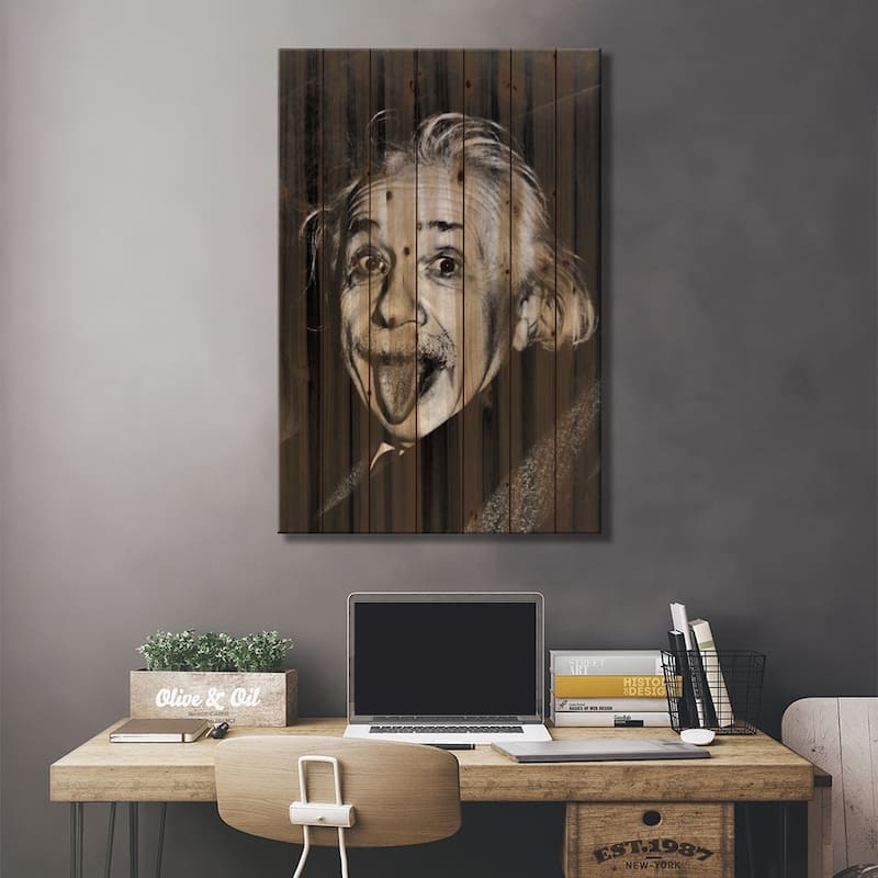 Albert Einstein, Sticking His Tongue Out Print On Wood by Arthur Sasse - Multi-Color