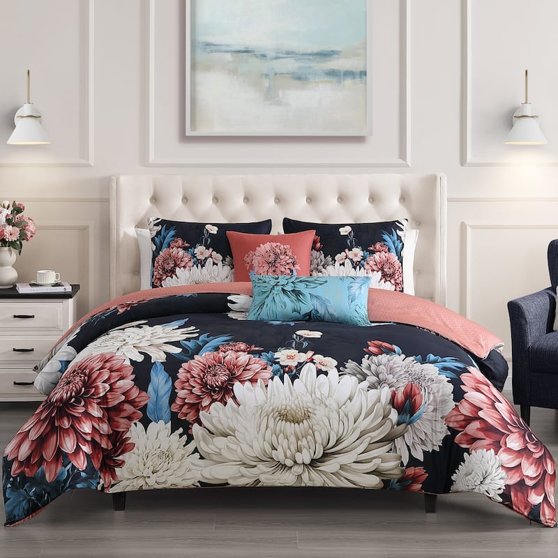 Bebejan Navy Mums 100% Cotton Sateen 5 Piece Reversible Comforter Set