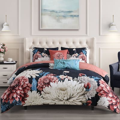 Bebejan Navy Mums 100% Cotton Sateen 5 Piece Reversible Comforter Set