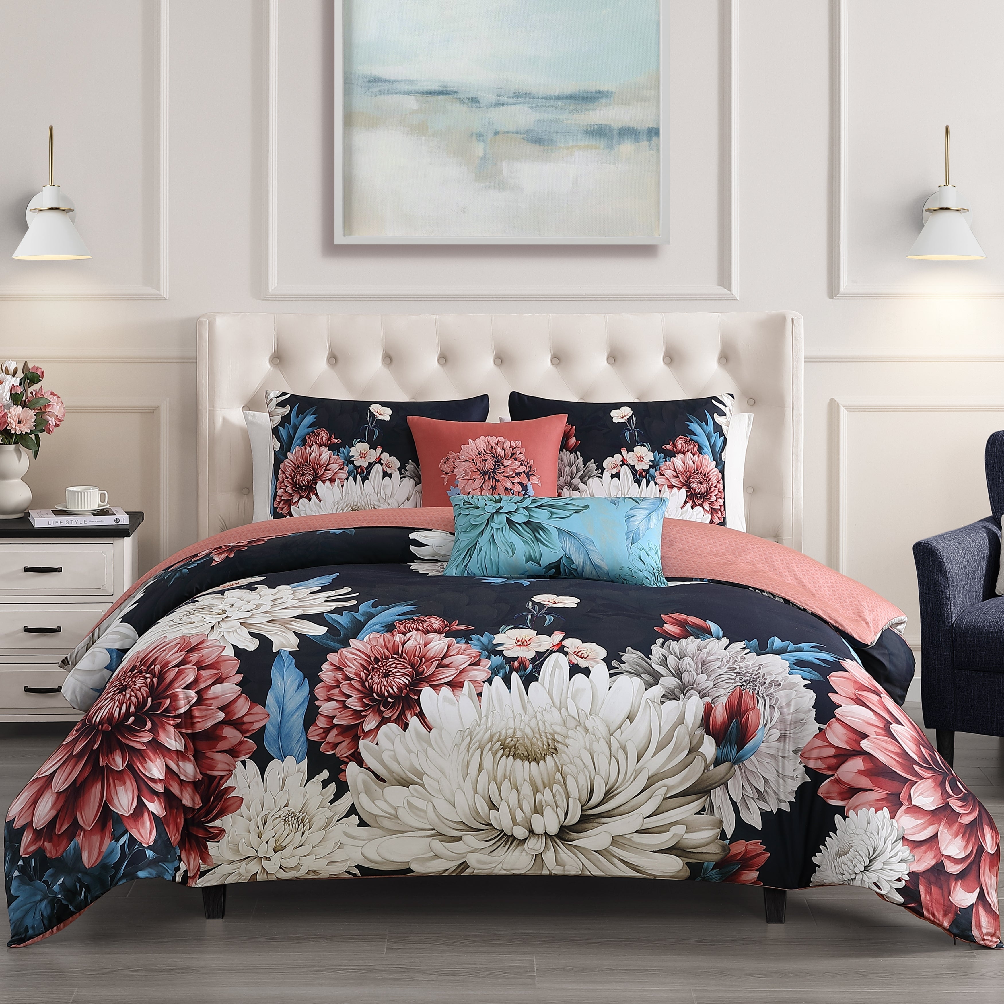 Bebejan Navy Mums 100% Cotton Sateen 5 Piece Reversible Comforter Set