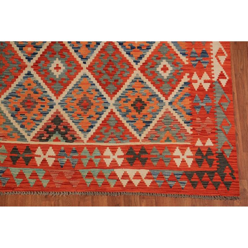 South Western Style Kilim Oriental Rug Flatweave Orange Wool Carpet - 8'3"x 9'11"
