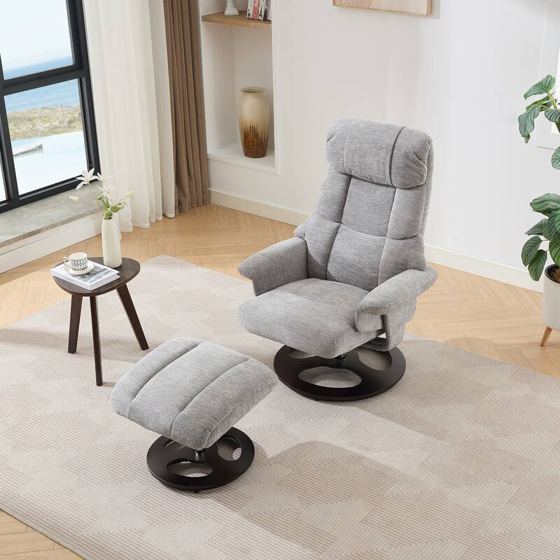 Recliner Chair with Ottoman, Modern 360° Swivel Lounge Chair with Footstool, Chenille Fabric, 5 Point Vibration Massage