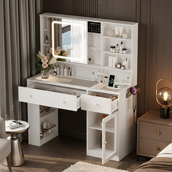 dressing table glass design Particle Board Veneered 3 Drawers 2 Glass Doors Left and Right 2-tier Shelves Glass Tabletop Dressing Table - N/A