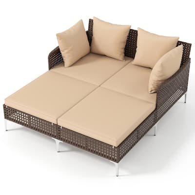 Mix Brown Rattan Day Bed with Cushions Outdoor Lounger - 60" x 52.5" x 27.5"