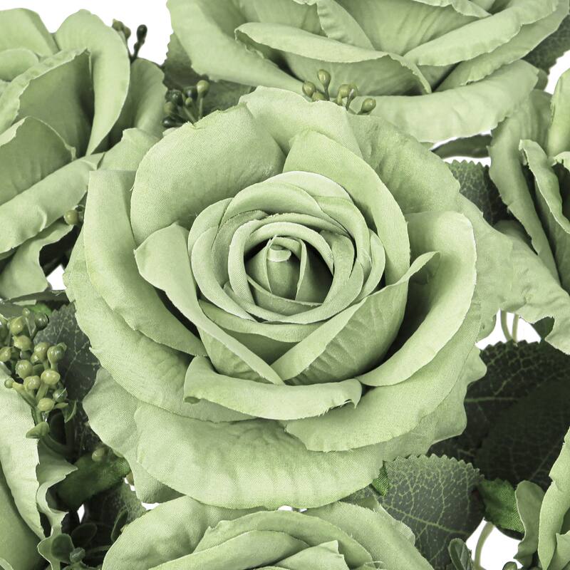 Set of 2 Deluxe Sage Green Artificial Elegant Rose Flower Stem Bush Bouquet 17in - 17" L x 10" W x 10" DP