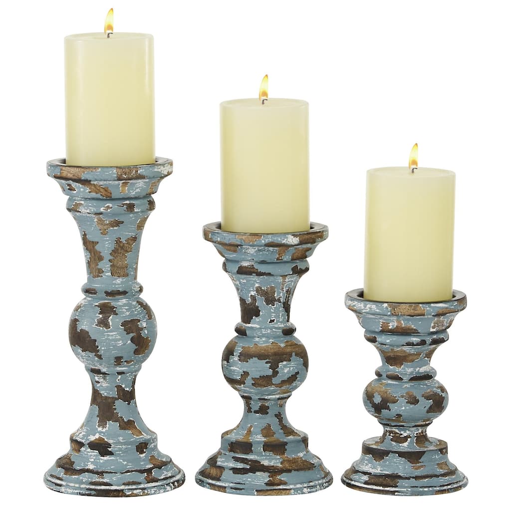 Wood Decorative Candle Holder - Set of 3 Light Blue, Dark Gray, Light Brown, Dark Brown, - Roche River Decor