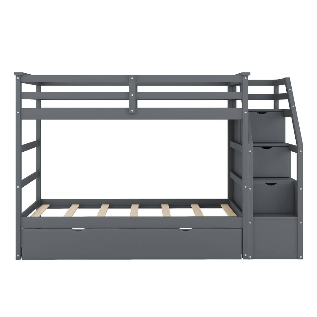 Gray Twin-Over-Twin Wood Bunk Bed with Trundle and 3 Storage Stairs, 94 ...