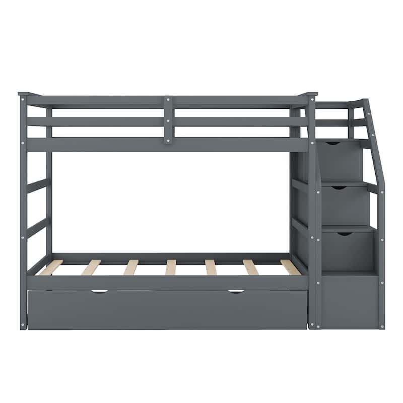 Kids Twin Ove Twin Bunk Bed with Pull-Out Trundle and 3 Storage Stairs, Safety Guardrails and Armrest
