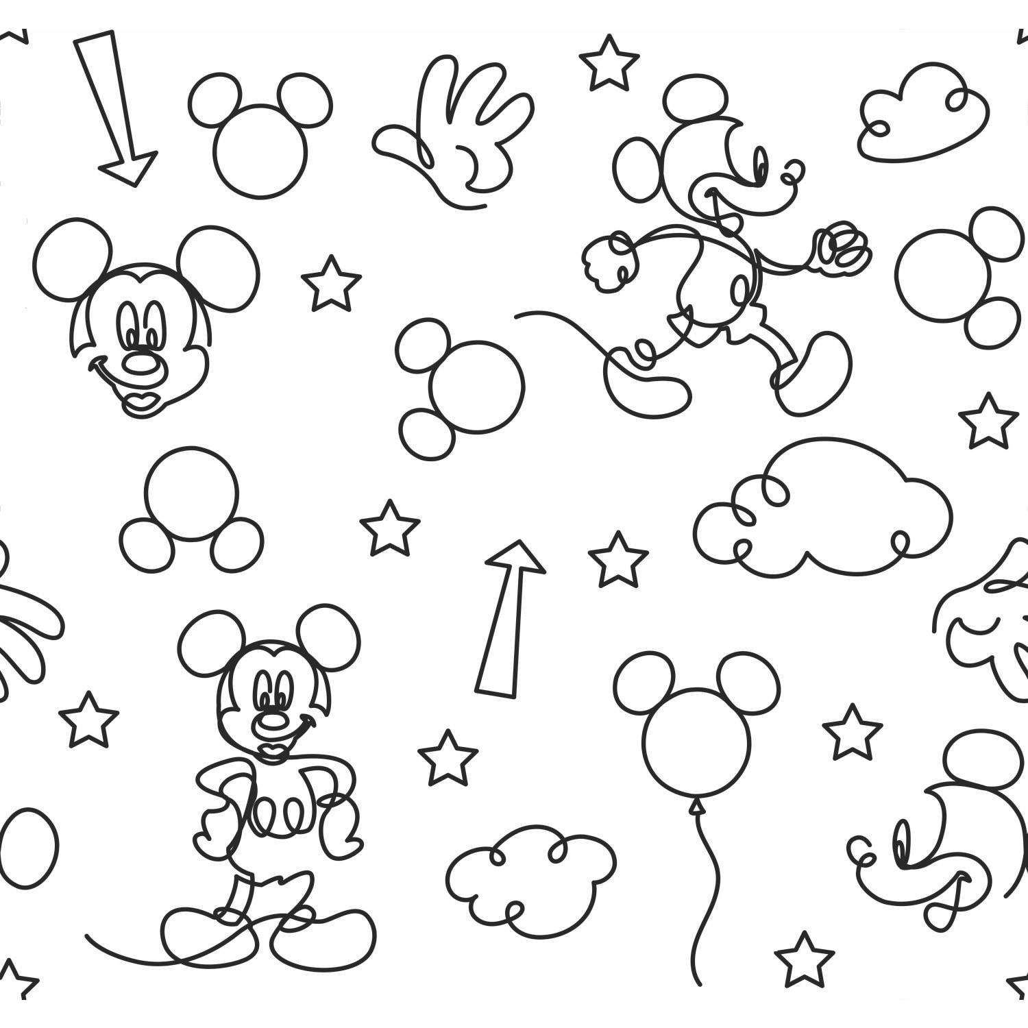 Black & White Disney Mickey Mouse Line Art Peel and Stick Wallpaper by RoomMates